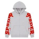Sp5der Logo Sleeve Zip Hoodie Grey Red