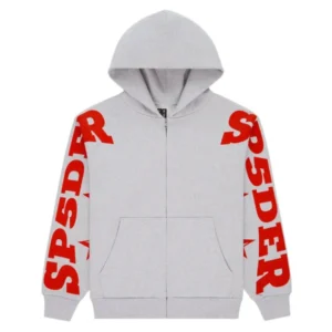 Sp5der Logo Sleeve Zip Hoodie Grey Red
